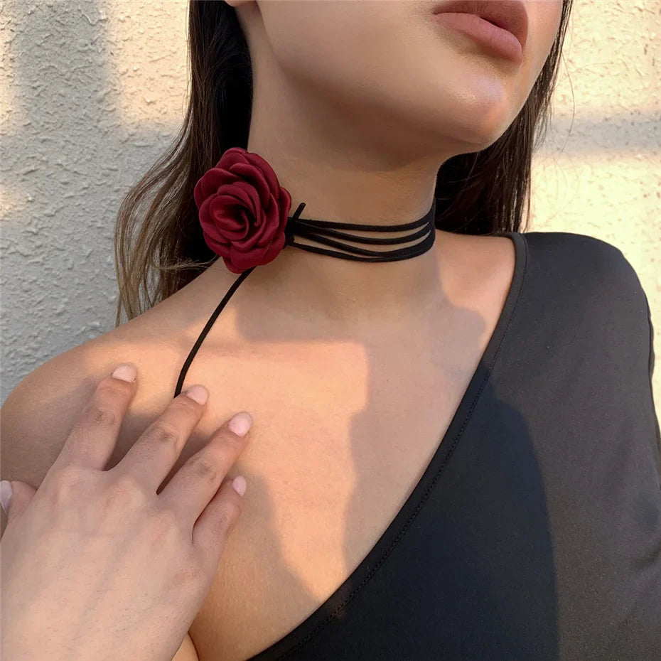 Elegant Choker Necklace Pendant Large Bordeaux Rose Flower