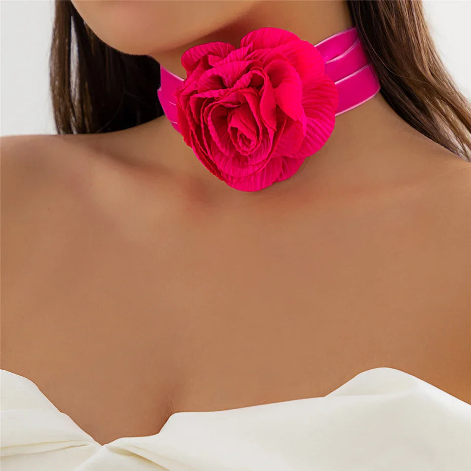Elegant Choker Necklace Pendant Large Pink Rose Flower