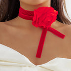 Elegant Choker Necklace Pendant Large Red Rose Flower