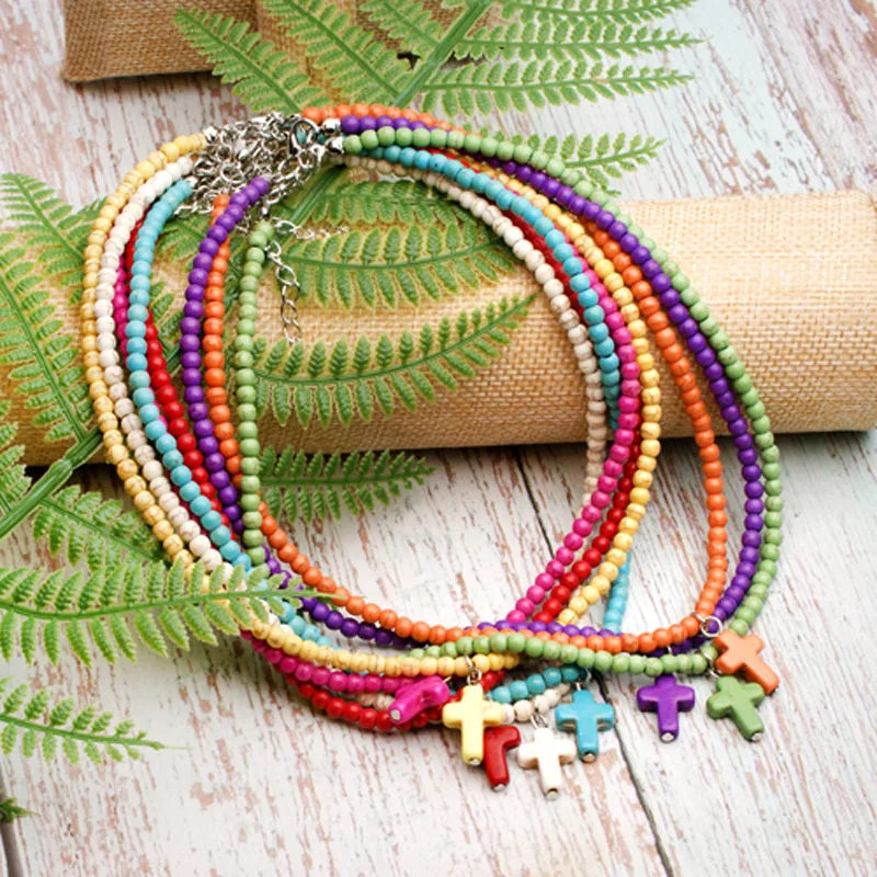 Choker Necklace Cross Pendant Natural Stone Woman green