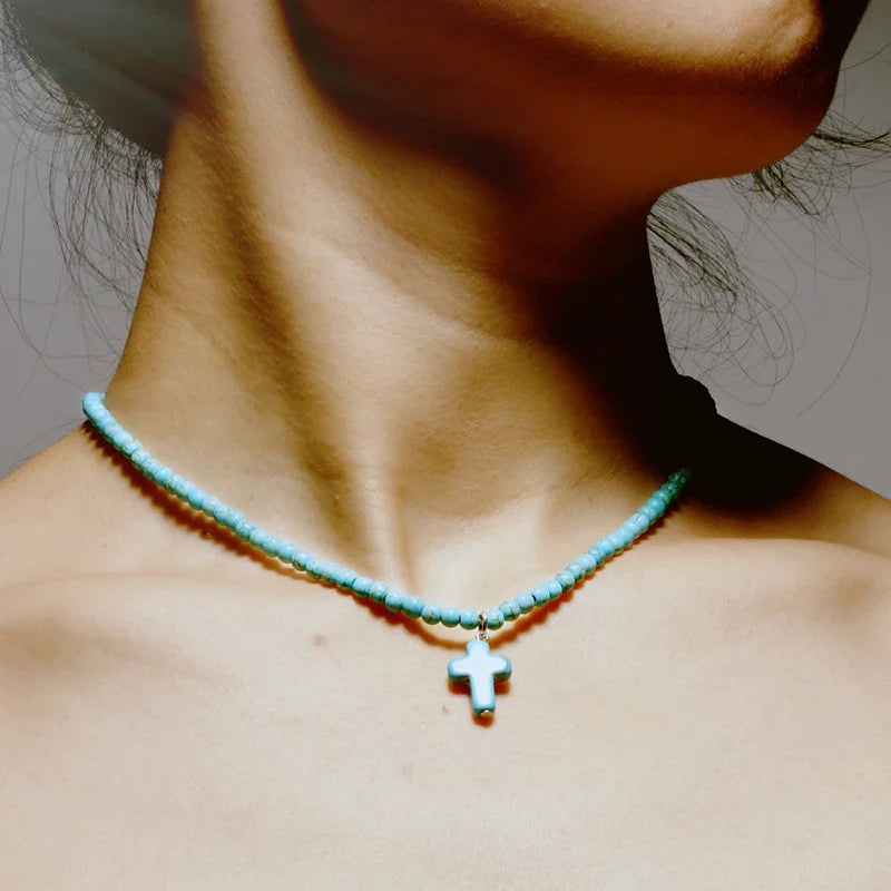 Choker Necklace Cross Pendant Natural Stone Woman blue