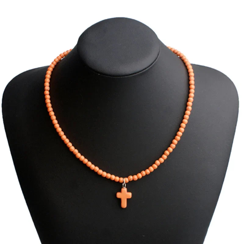 Choker Necklace Cross Pendant Natural Stone Woman orange