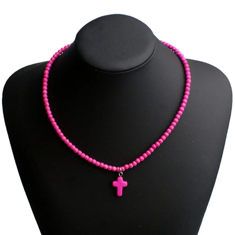 Choker Necklace Cross Pendant Natural Stone Woman pink