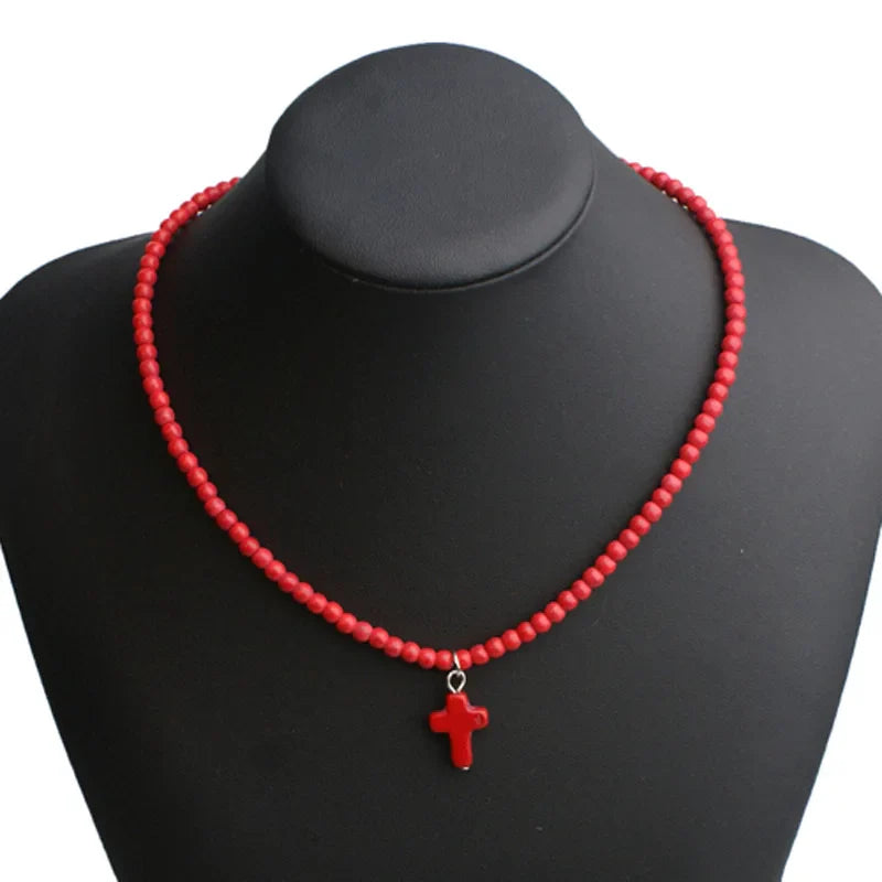 Choker Necklace Cross Pendant Natural Stone Woman red