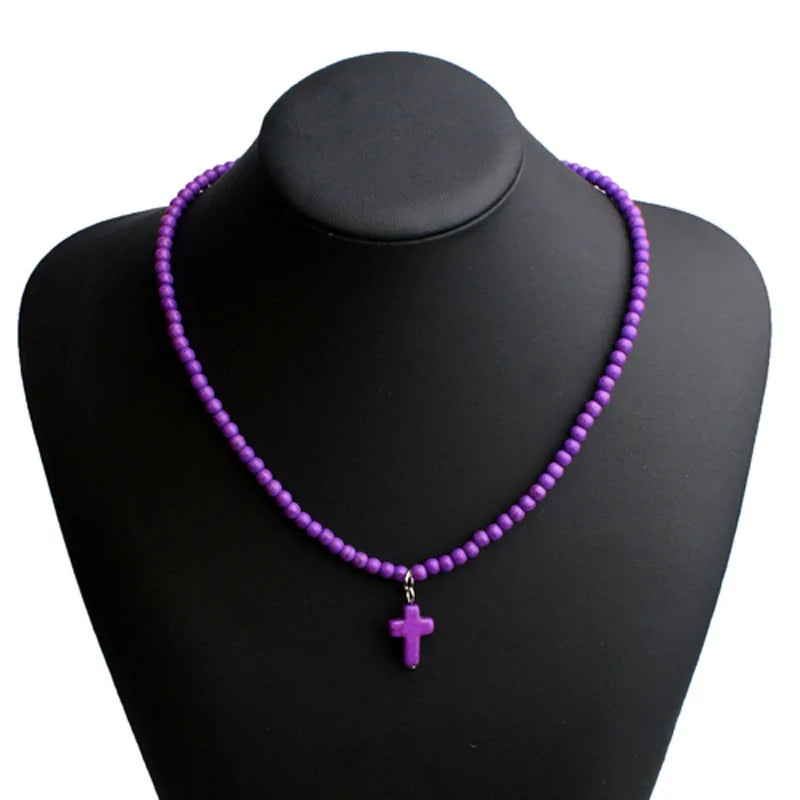 Choker Necklace Cross Pendant Natural Stone Woman purple