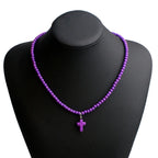 Choker Necklace Cross Pendant Natural Stone Woman purple