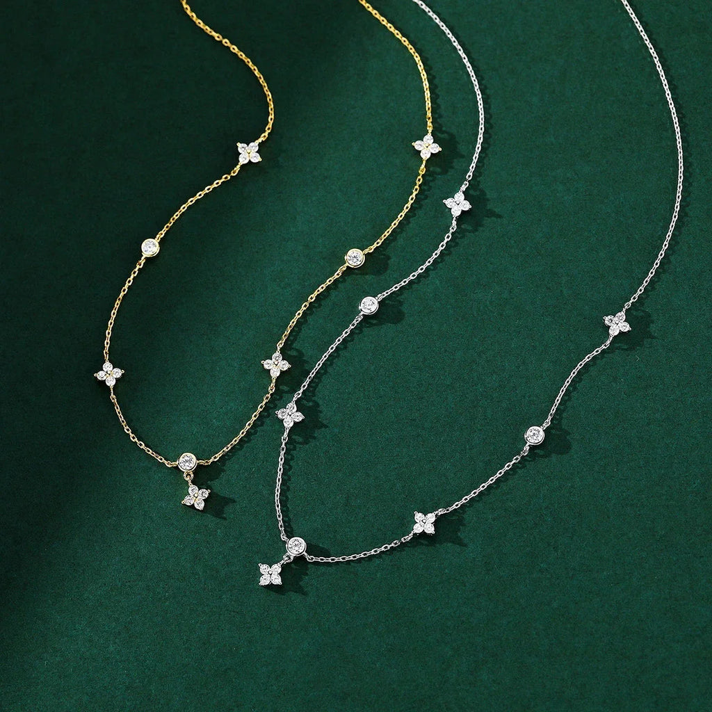 Silver Zircon Flower Pendant Choker Necklace