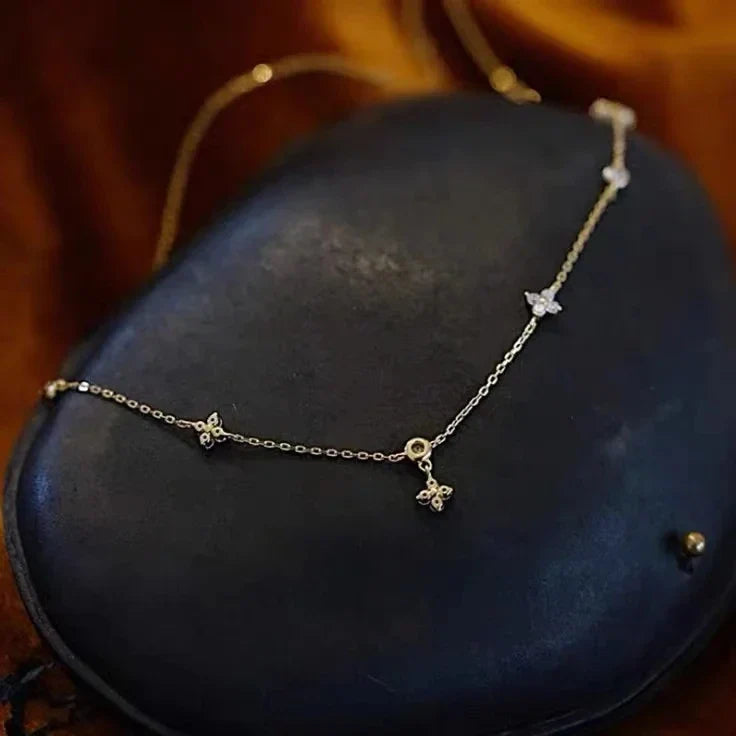 Silver Zircon Flower Pendant Choker Necklace