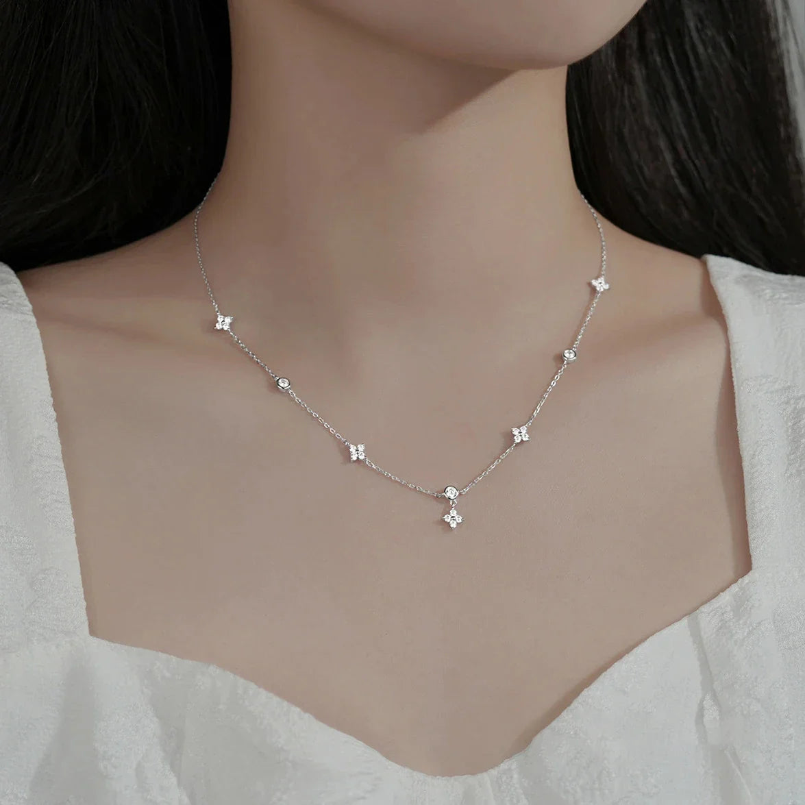 Silver Zircon Flower Pendant Choker Necklace
