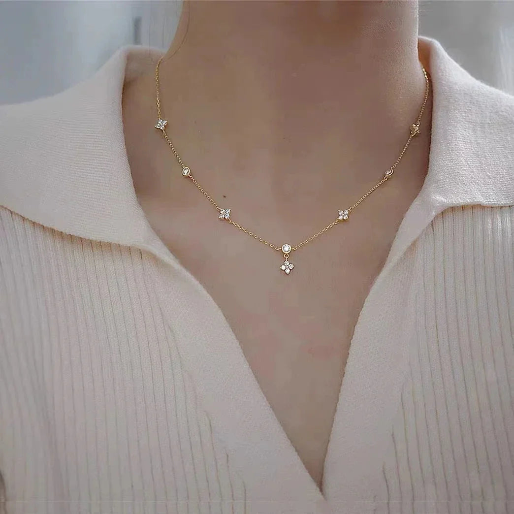 Gold Zircon Flower Pendant Choker Necklace