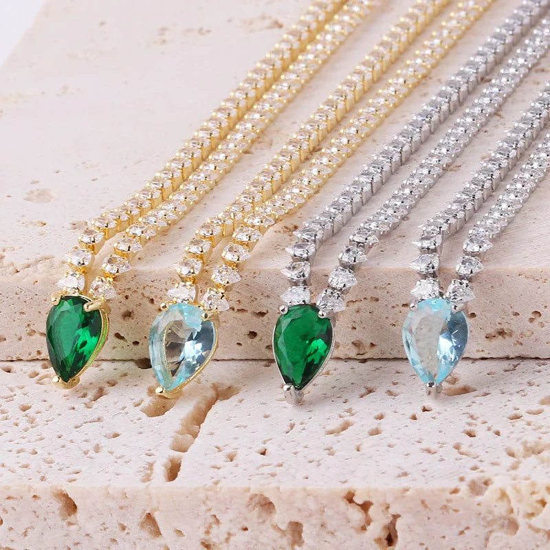 Charming Choker Necklace Water Drop Pendant and Gold and Blue Zircon