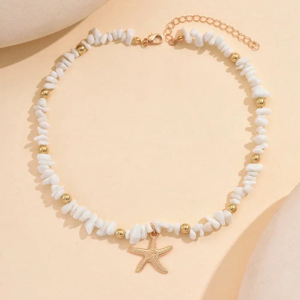 White shell and starfish choker with large beads
