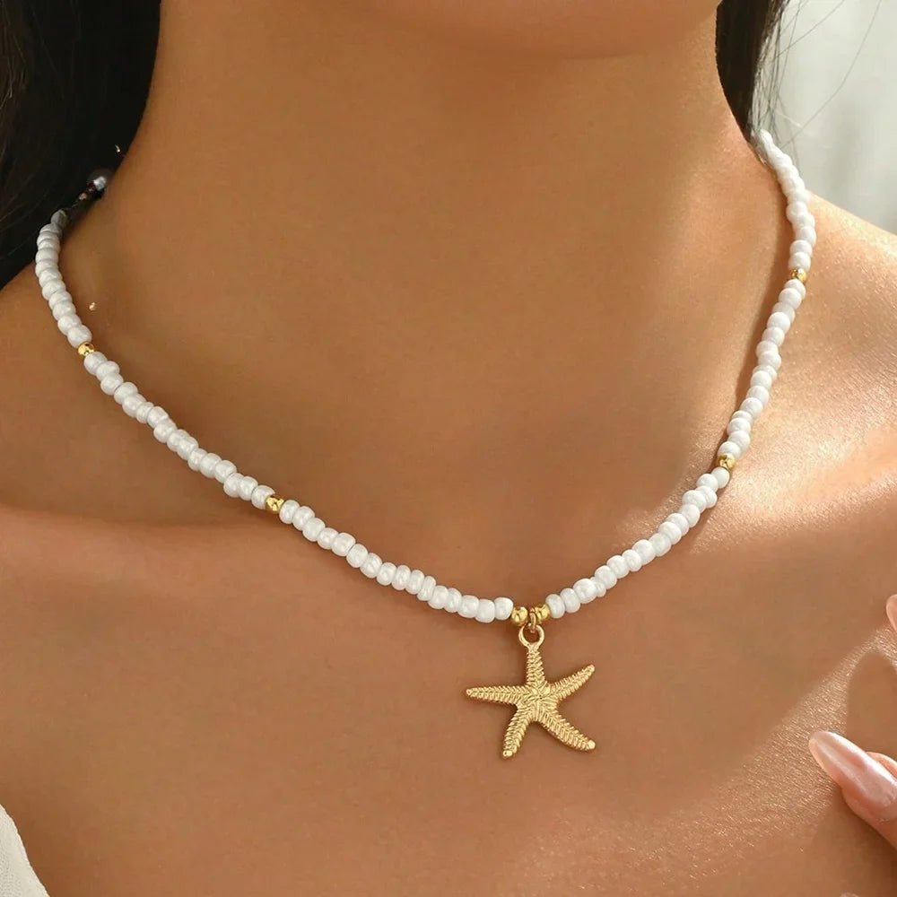 White shell and starfish choker with fine beads