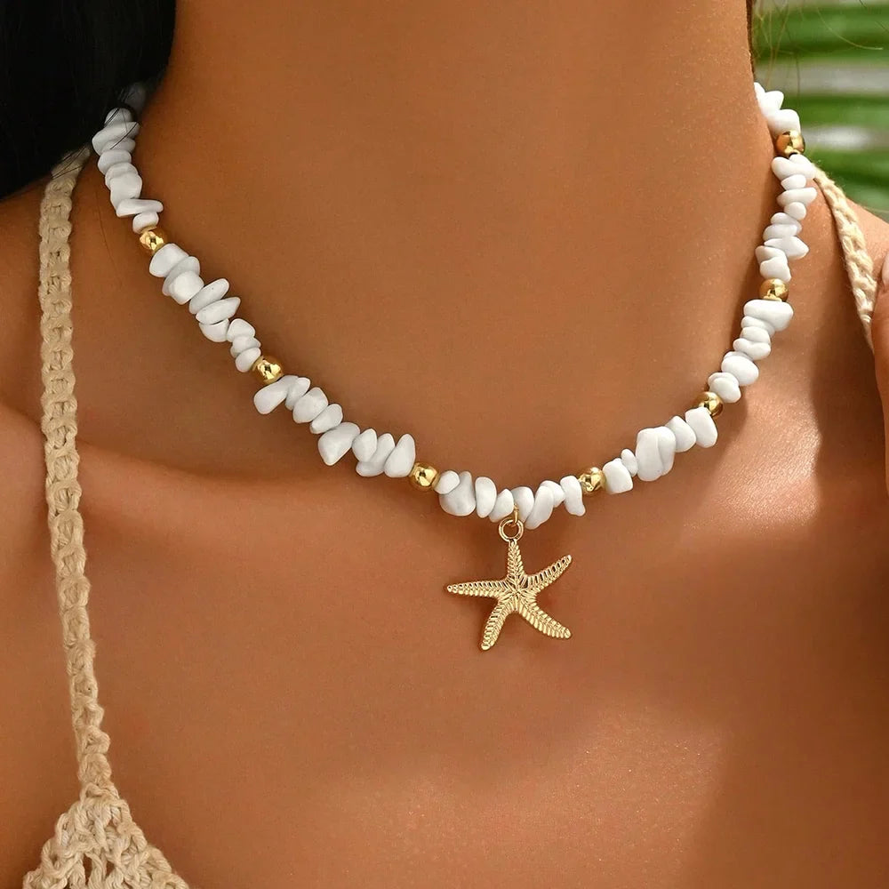 White shell and starfish choker with large beads