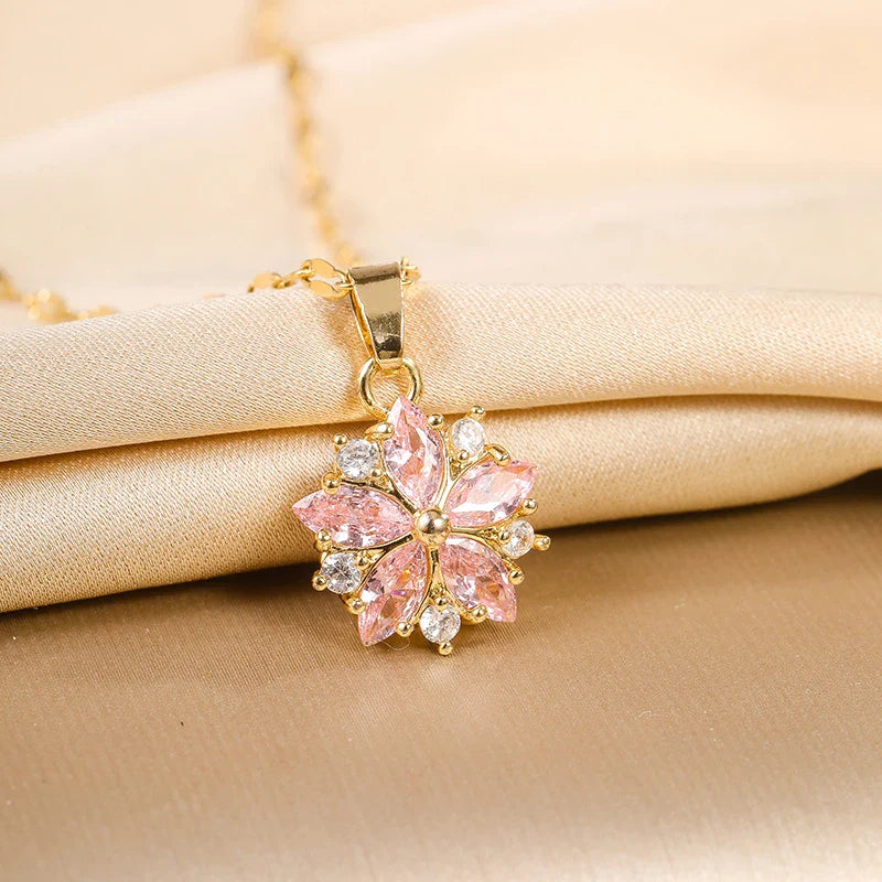 Romantic Necklace with Rose Flower Pendant and Zircon