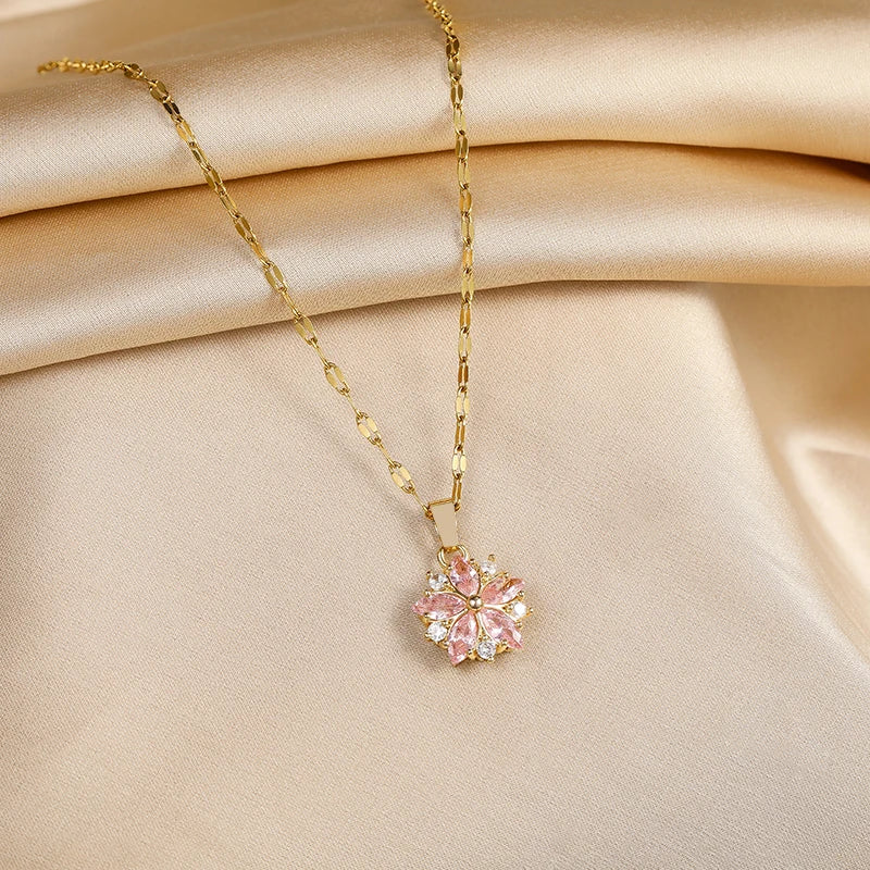 Romantic Necklace with Rose Flower Pendant and Zircon