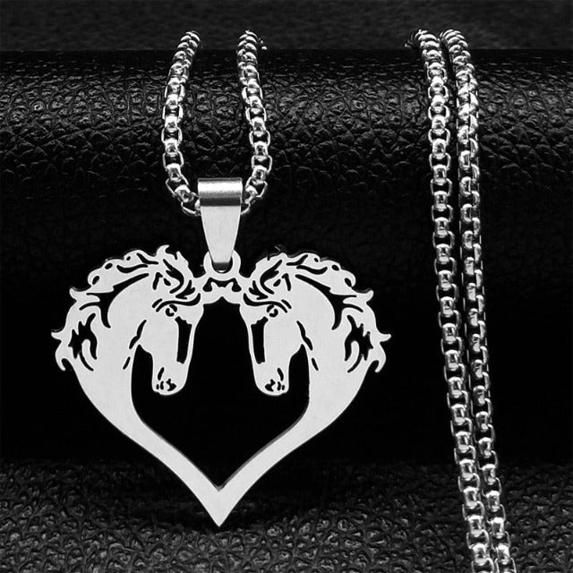 Horse Head Pendant Necklace Women Girl double silver horse