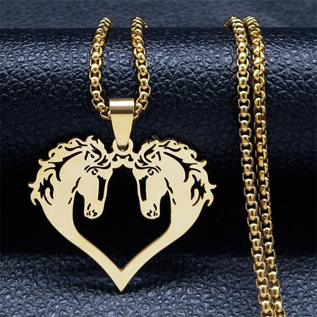 Horse Head Pendant Necklace Women Girl double gold horse
