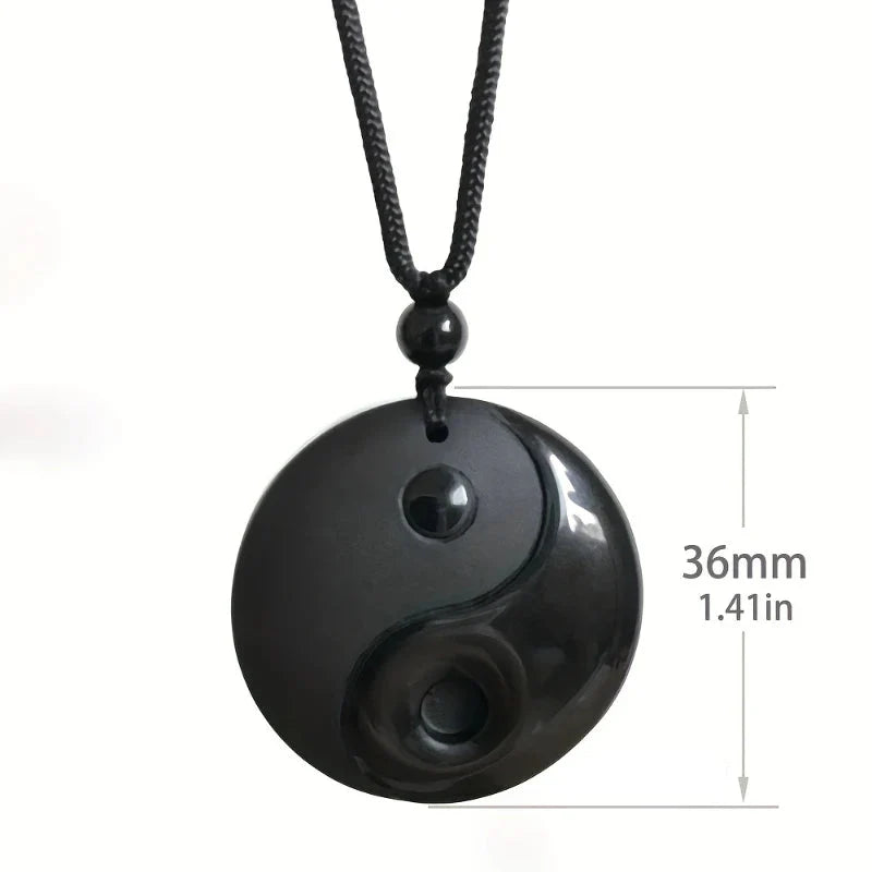 Braided Necklace with Black Obsidian Yin Yang Stone Pendant
