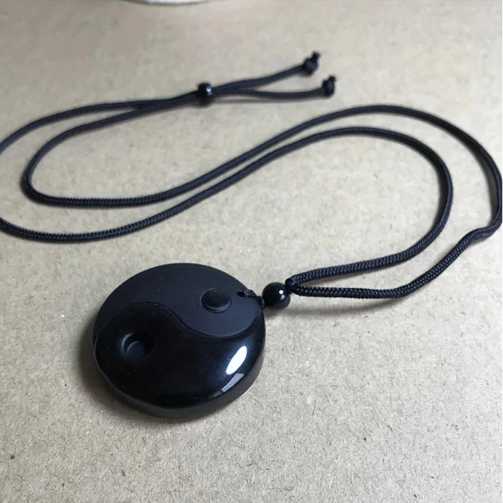 Braided Necklace with Black Obsidian Yin Yang Stone Pendant