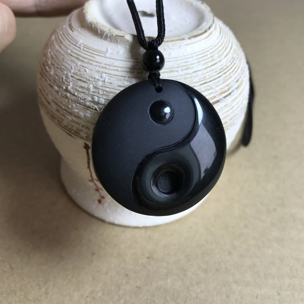 Braided Necklace with Black Obsidian Yin Yang Stone Pendant