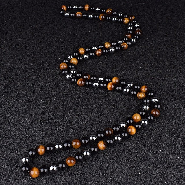 "Triple Protection" Necklace in Hematite Tiger's Eye and Obsidian Rosary