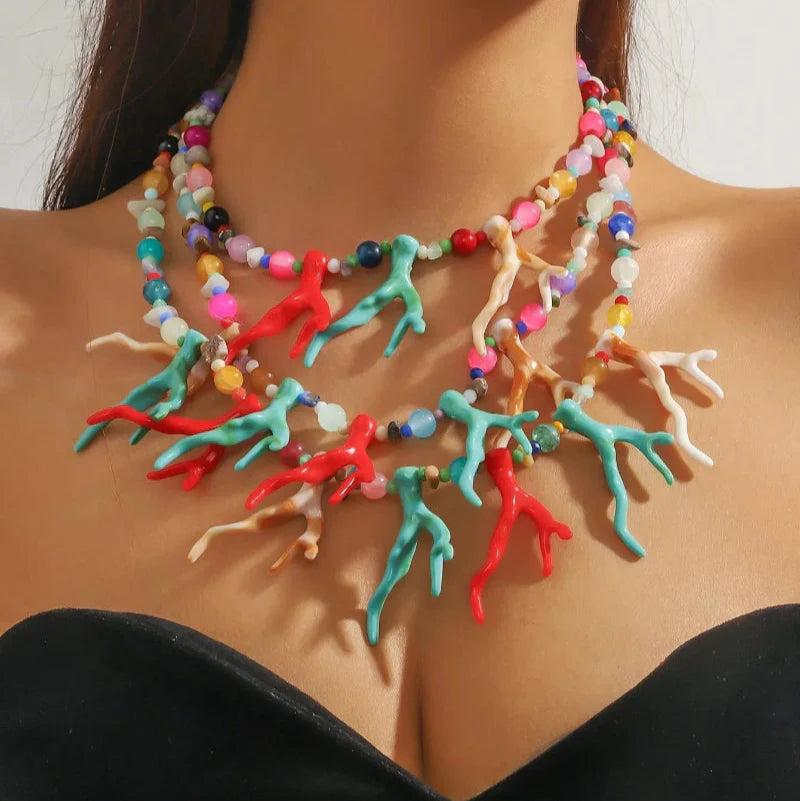 Multicolor Coral Triple Strand Choker Necklace