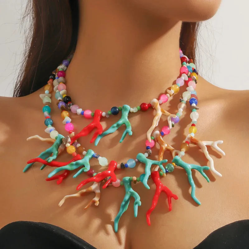 Multicolor Coral Triple Strand Choker Necklace