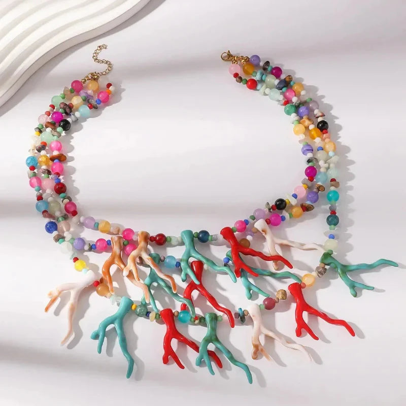 Multicolor Coral Triple Strand Choker Necklace