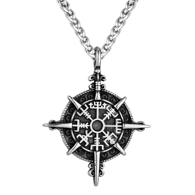 Viking Necklace with Silver Vegvisir Compass Pendant