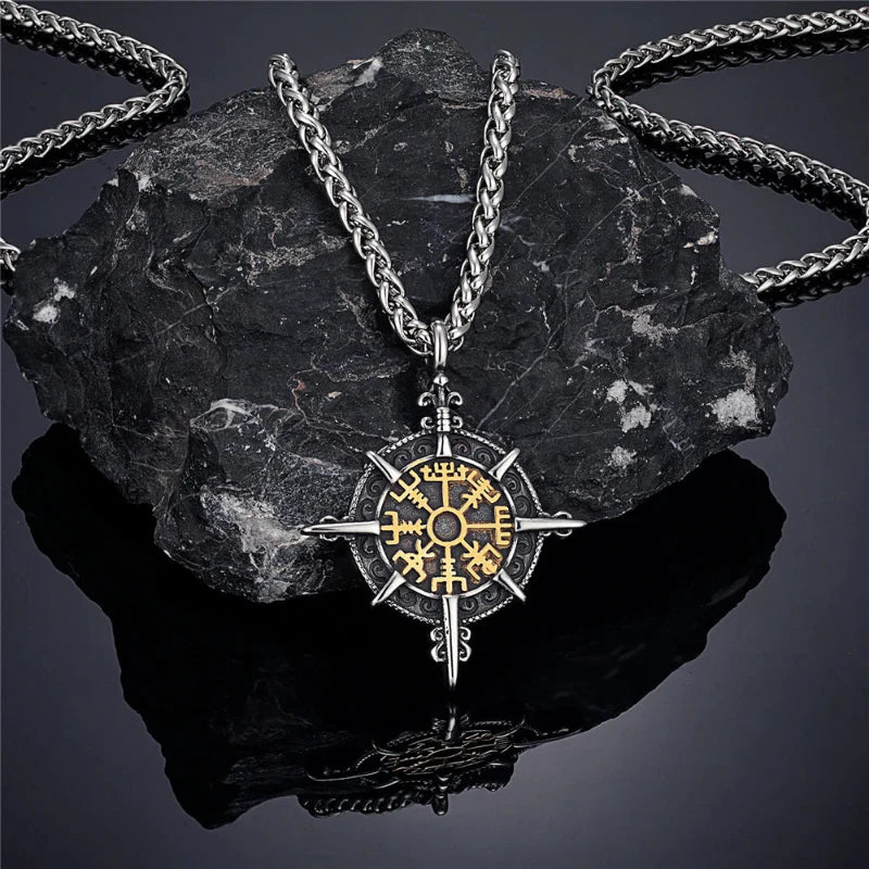 Viking Necklace with Gold Vegvisir Compass Pendant