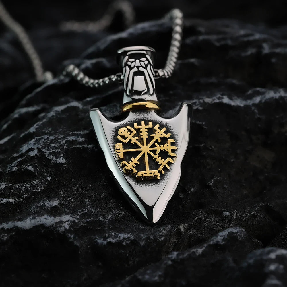 Viking Necklace with Gold Vegvisir Arrow Pendant