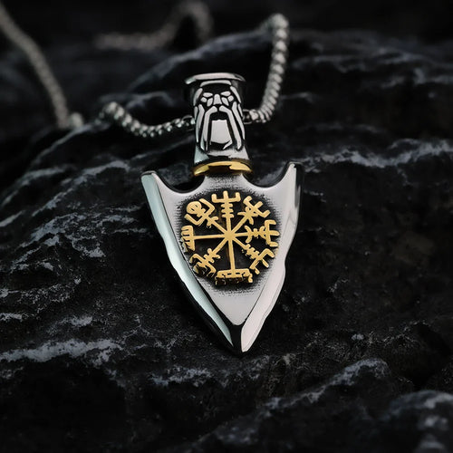 Viking Necklace with Gold Vegvisir Arrow Pendant