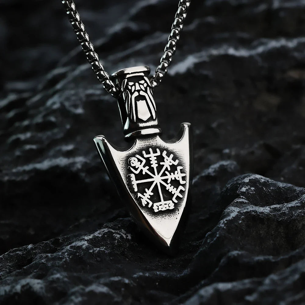 Viking Necklace with Silver Vegvisir Arrow Pendant