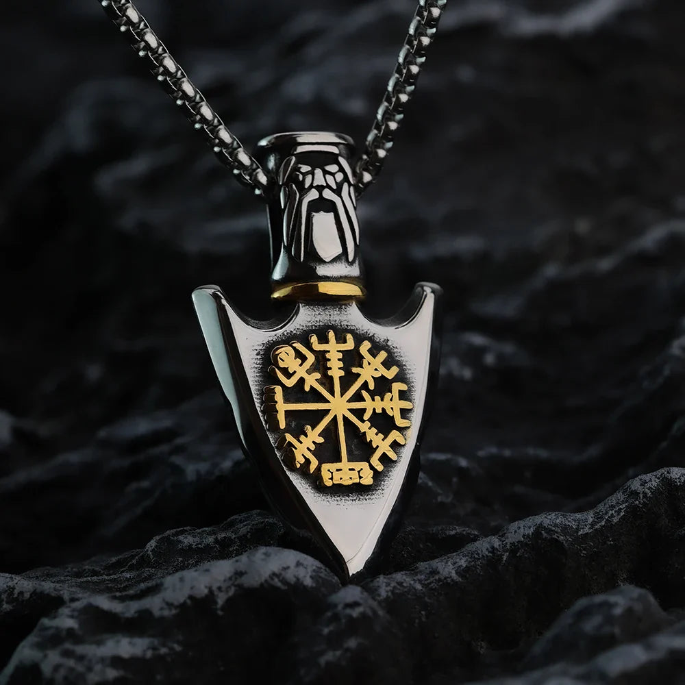 Viking Necklace with Gold Vegvisir Arrow Pendant