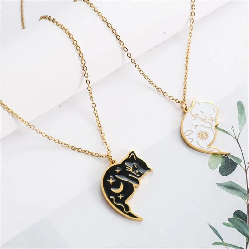 Cute Cat Pendant Couple Necklaces Gold