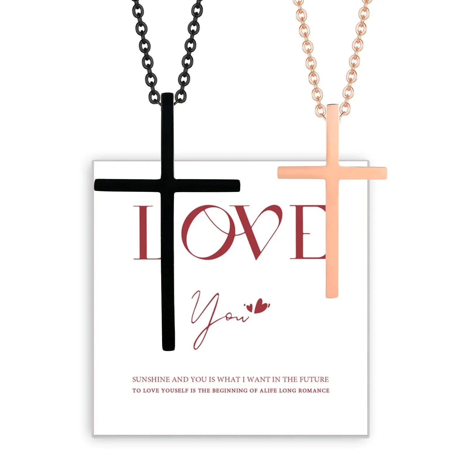 Couples Necklaces Black and Rose Gold Cross Pendant