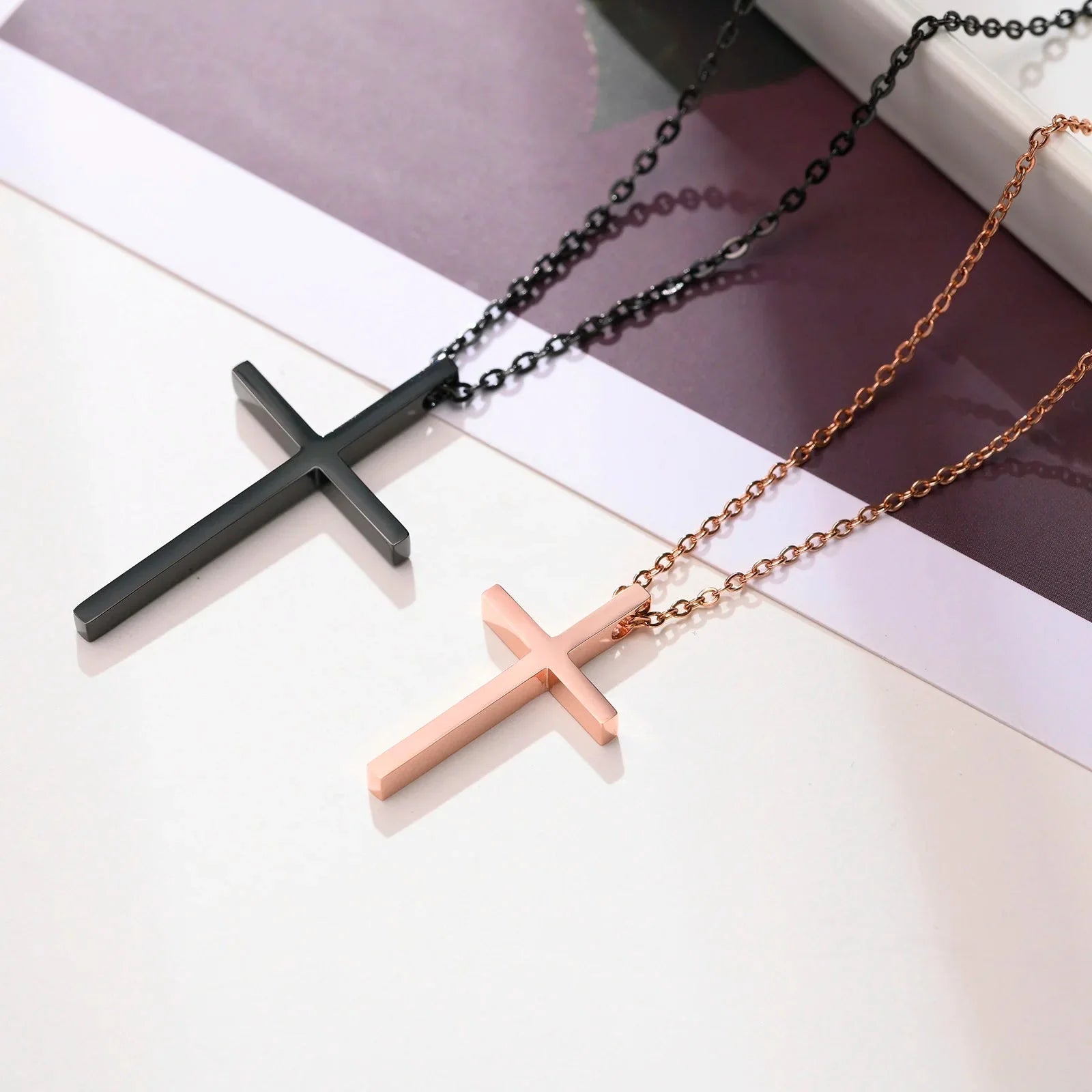 Couples Necklaces Black and Rose Gold Cross Pendant