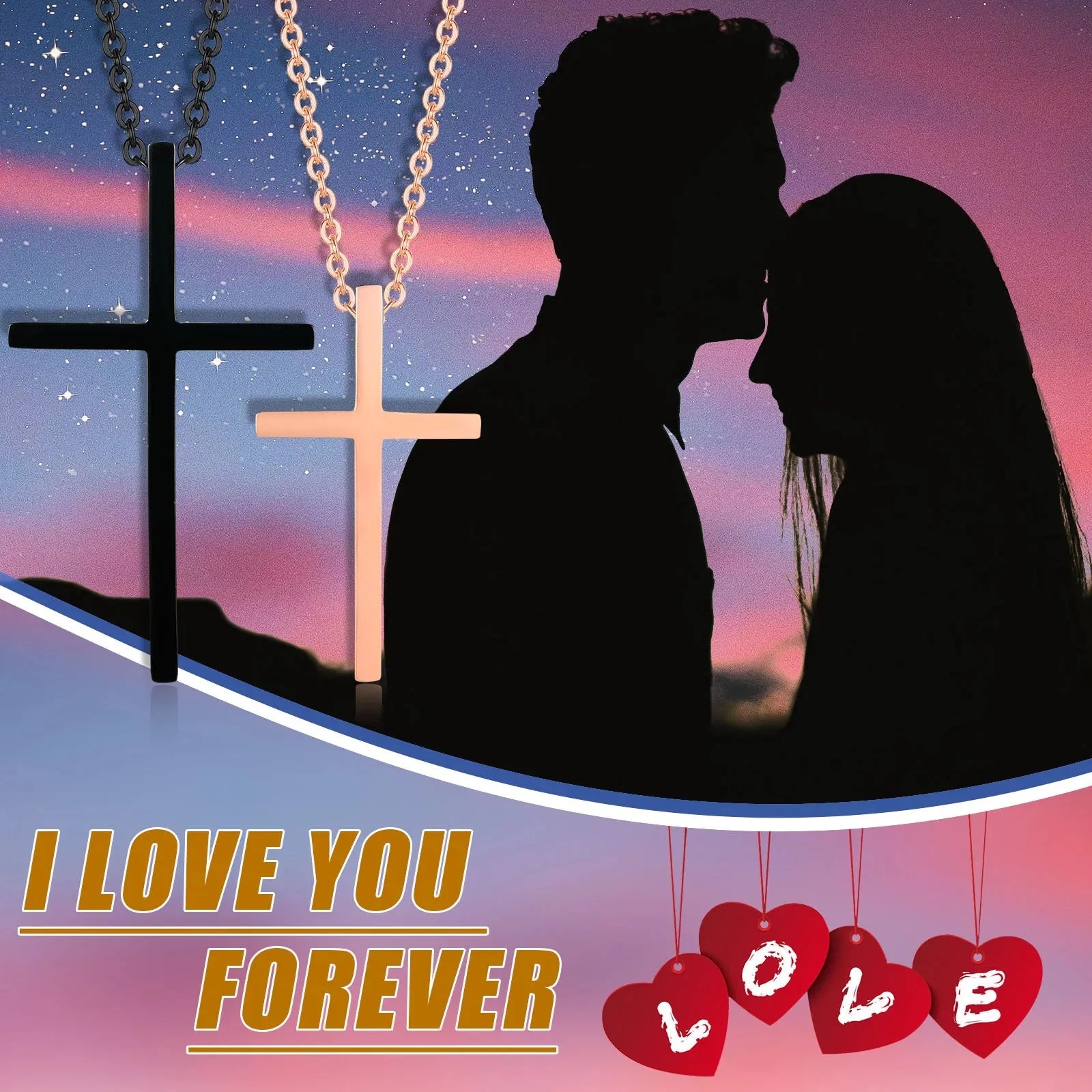Couples Necklaces Black and Rose Gold Cross Pendant
