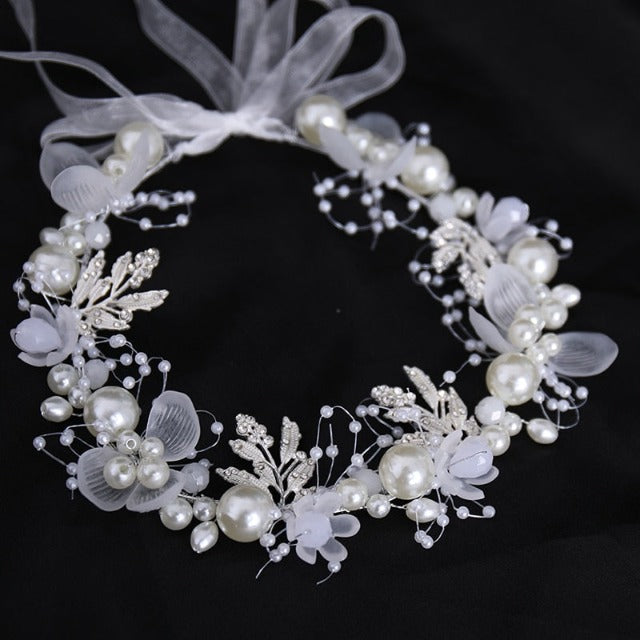 Wedding Crown Flowers and Pearls for Women silver