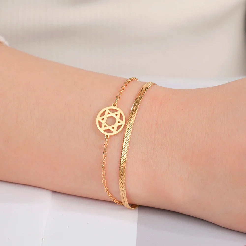Double bracelet with the Star of David, Jewish symbol, gold