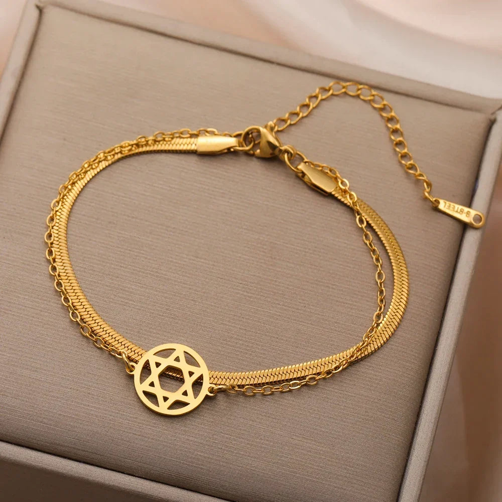 Double bracelet with the Star of David, Jewish symbol, gold