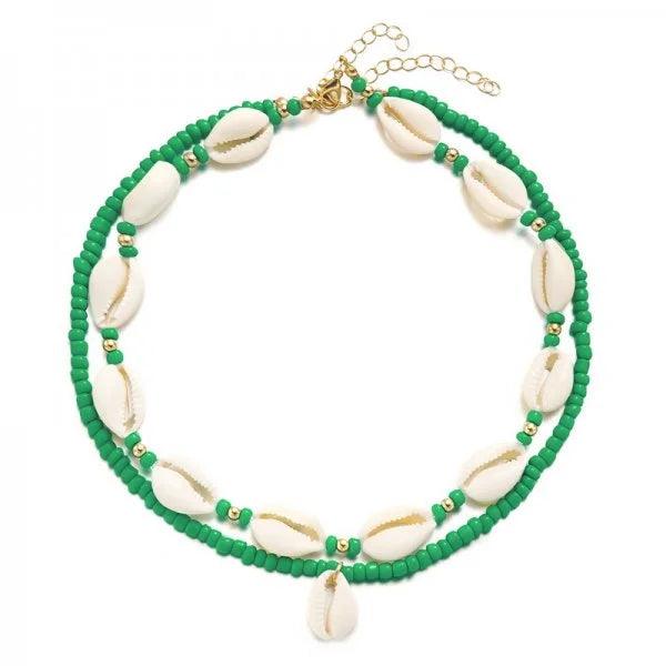 Double cowrie shell necklace, green