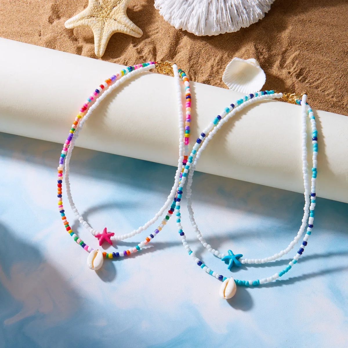 Double shell necklace and colorful beads blue star