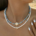 Double shell necklace and colorful beads blue turtle