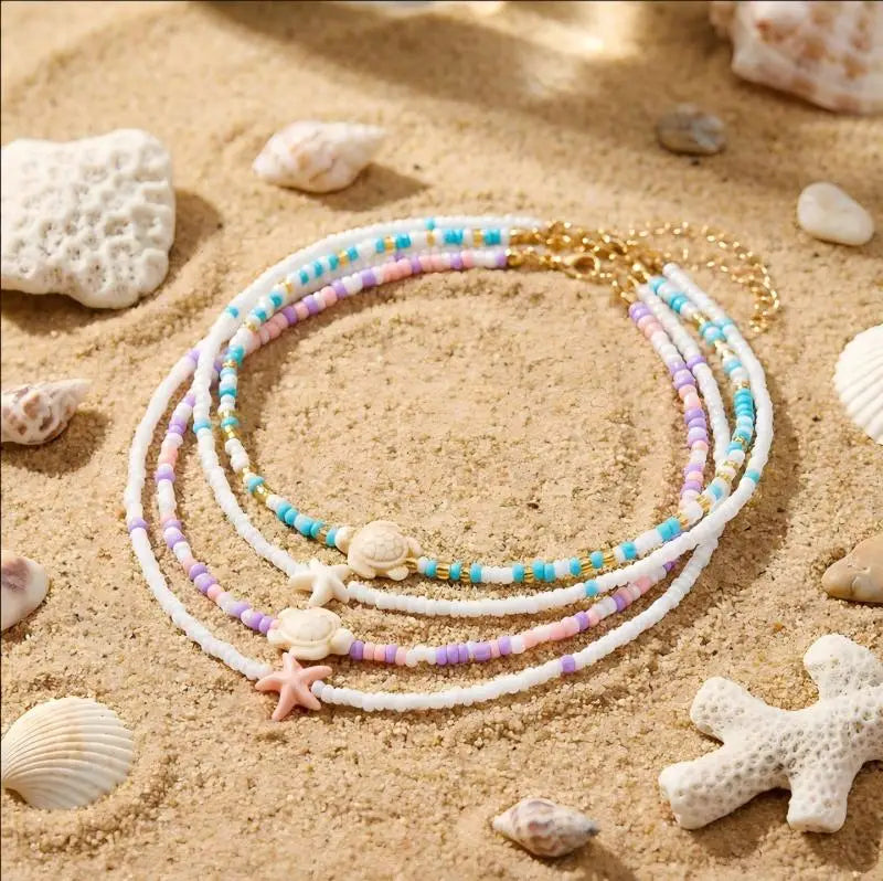 Double shell necklace and colorful beads blue turtle