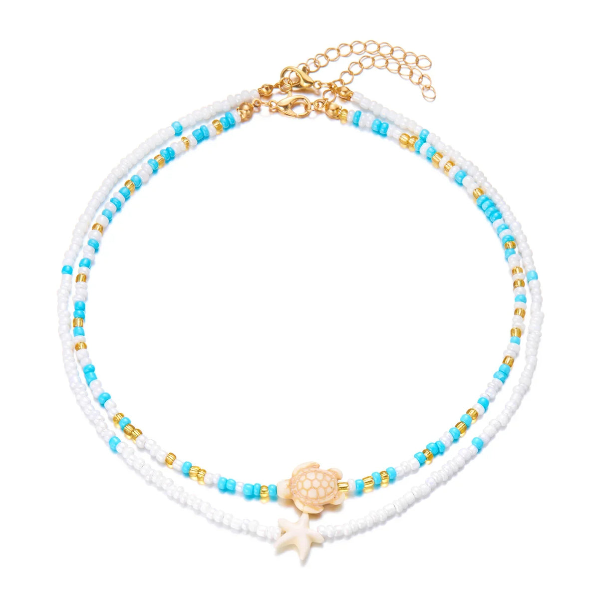 Double shell necklace and colorful beads blue turtle