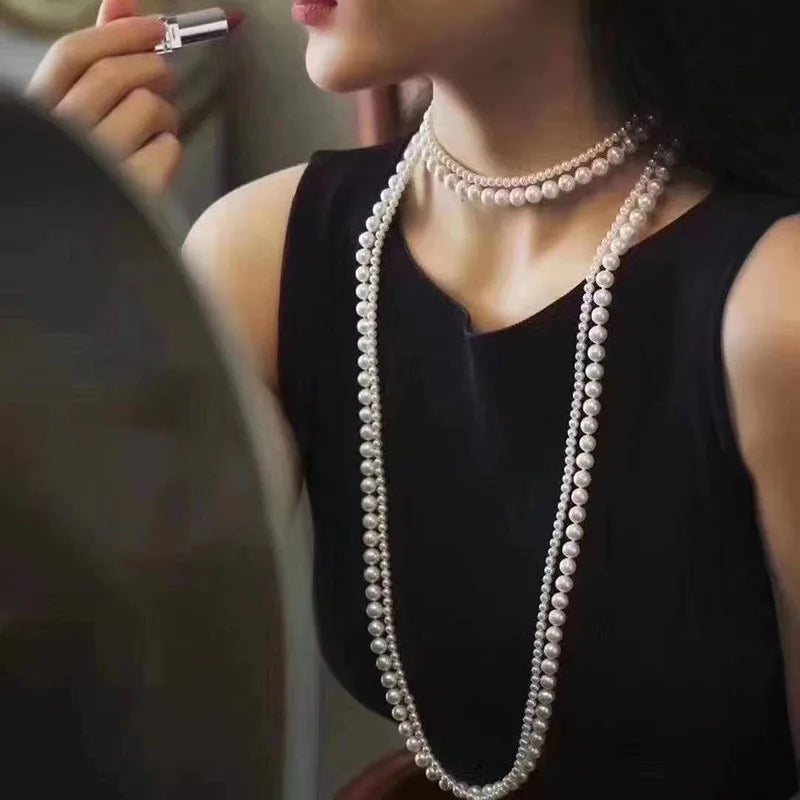 Long and Double Women's Necklace with White Pearls