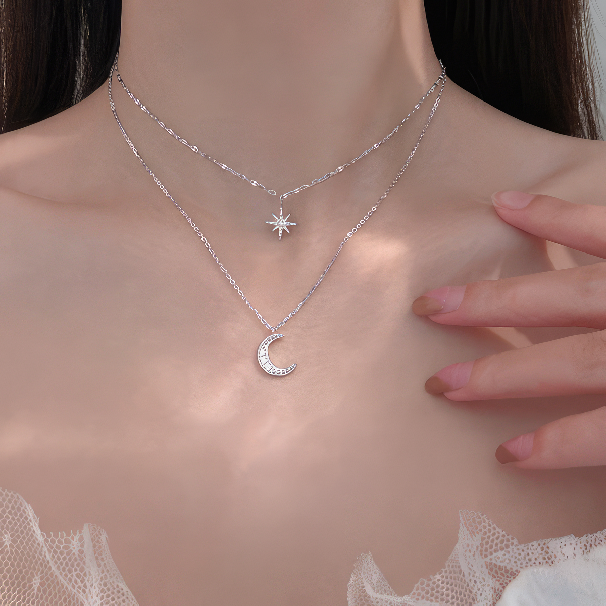 Double Necklace Moon and Star Pendant for Women