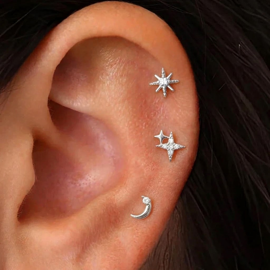 Crescent Moon and Stars Stud Earrings